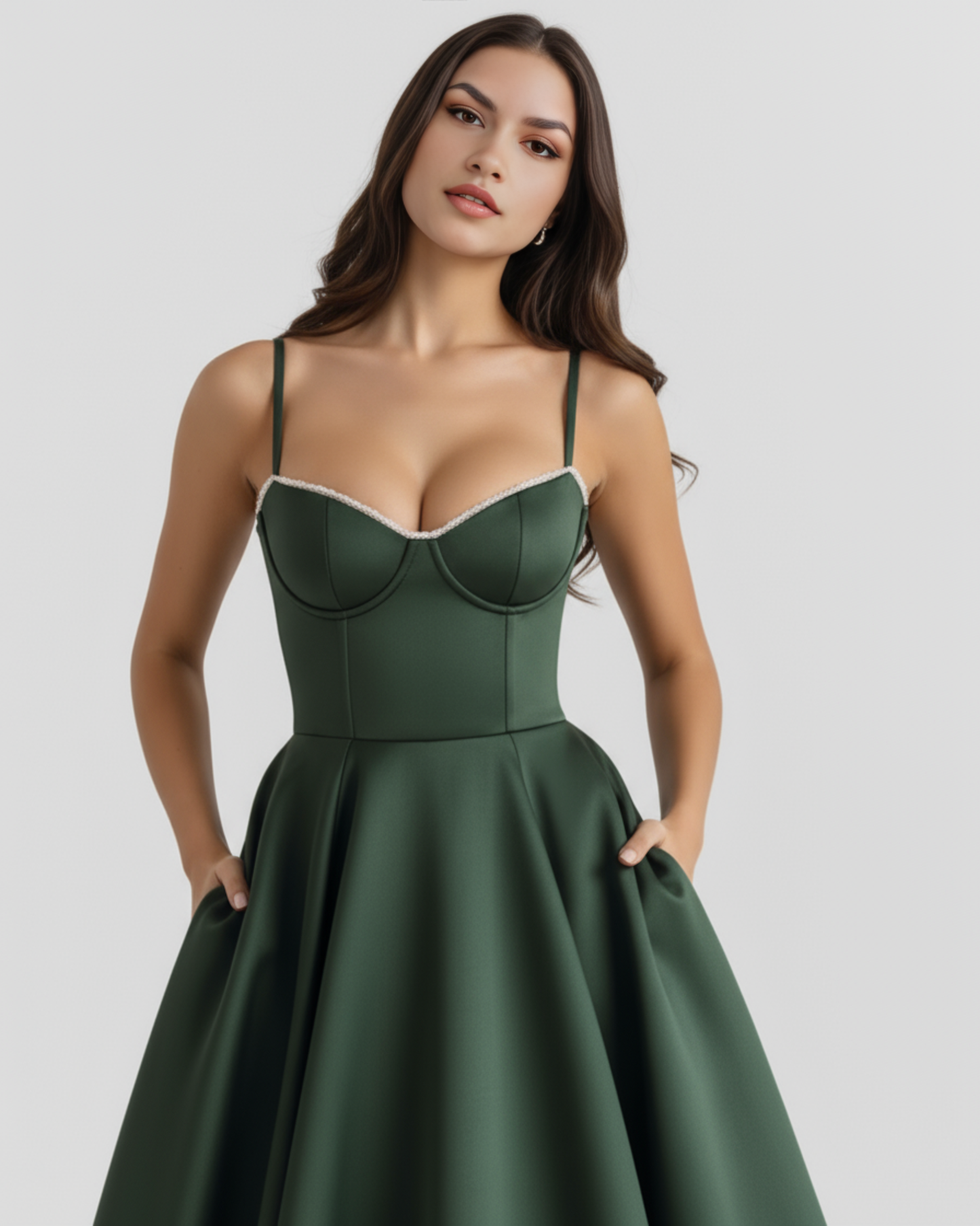 Selene | Waldgrünes Midikleid mit Tülllagen und geheimen Taschen