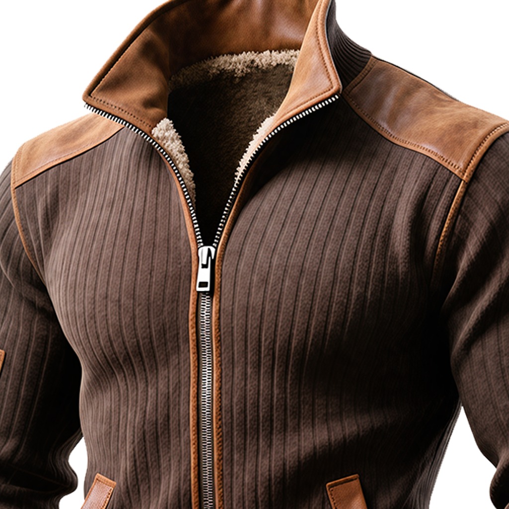 Santiago™ | Gerippte braune Jacke mit Reißverschluss und Lederakzenten