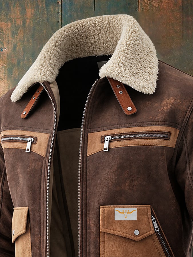BRAUNE WILDLEDER-BOMBERJACKE MIT WARMEM SHERPA-KRAGEN