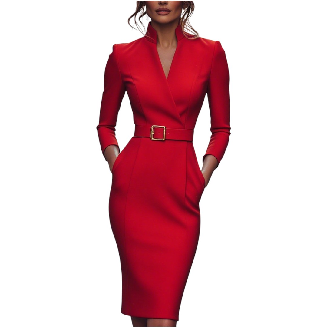 Marina | Raffiniertes schwarzes Kleid mit Gürtel und Mandarinkragen