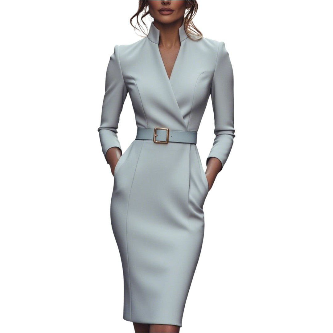 Marina | Raffiniertes schwarzes Kleid mit Gürtel und Mandarinkragen