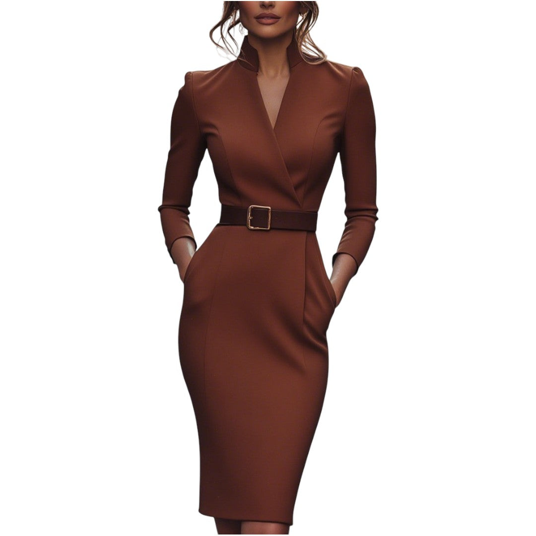 Marina | Raffiniertes schwarzes Kleid mit Gürtel und Mandarinkragen
