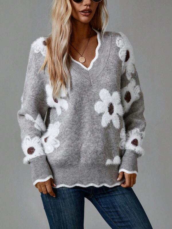 PAULA | ELEGANTER FLORALER PULLOVER MIT V-AUSSCHNITT
