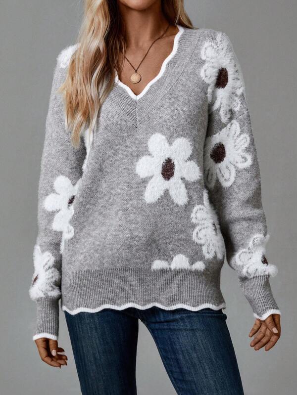 PAULA | ELEGANTER FLORALER PULLOVER MIT V-AUSSCHNITT