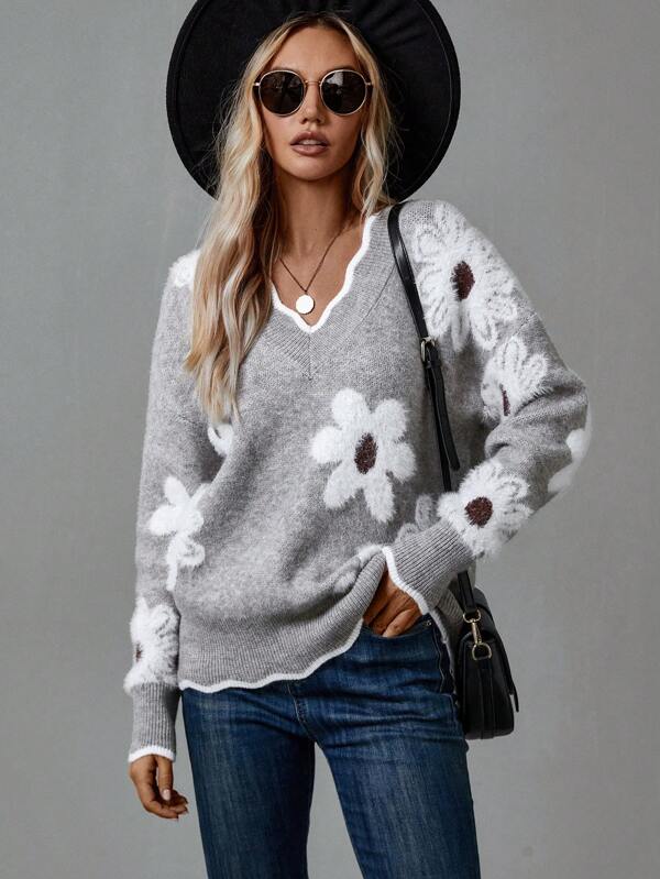PAULA | ELEGANTER FLORALER PULLOVER MIT V-AUSSCHNITT