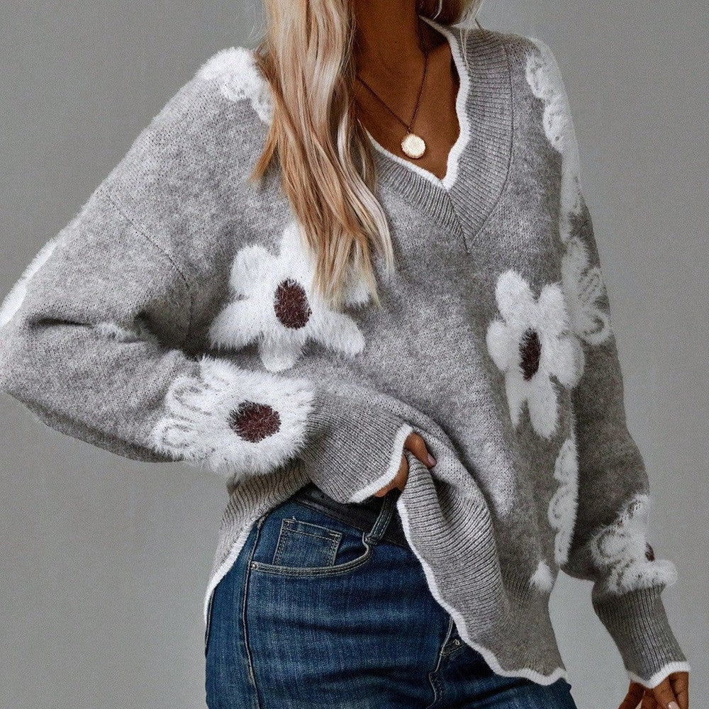 PAULA | ELEGANTER FLORALER PULLOVER MIT V-AUSSCHNITT
