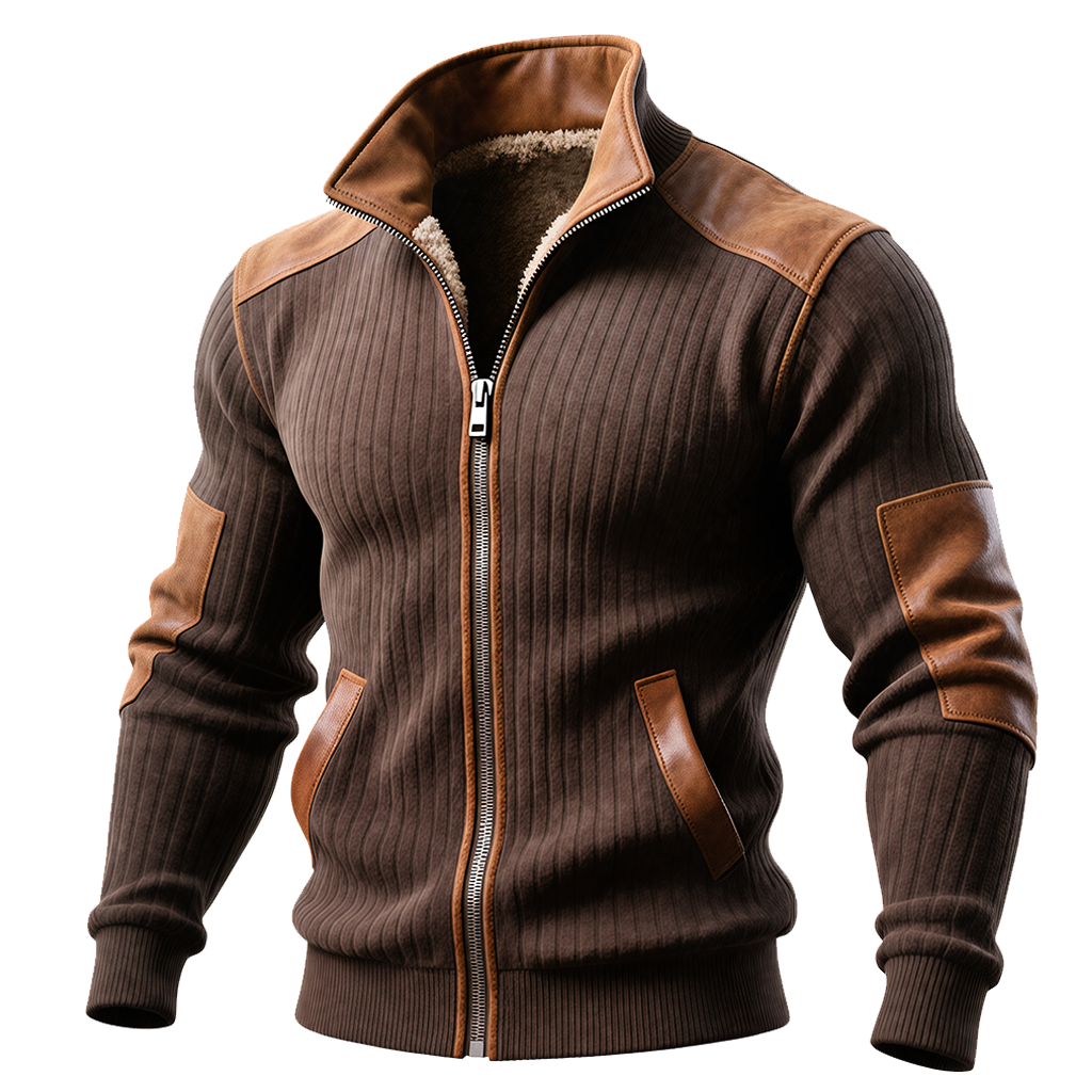 Santiago™ | Gerippte braune Jacke mit Reißverschluss und Lederakzenten