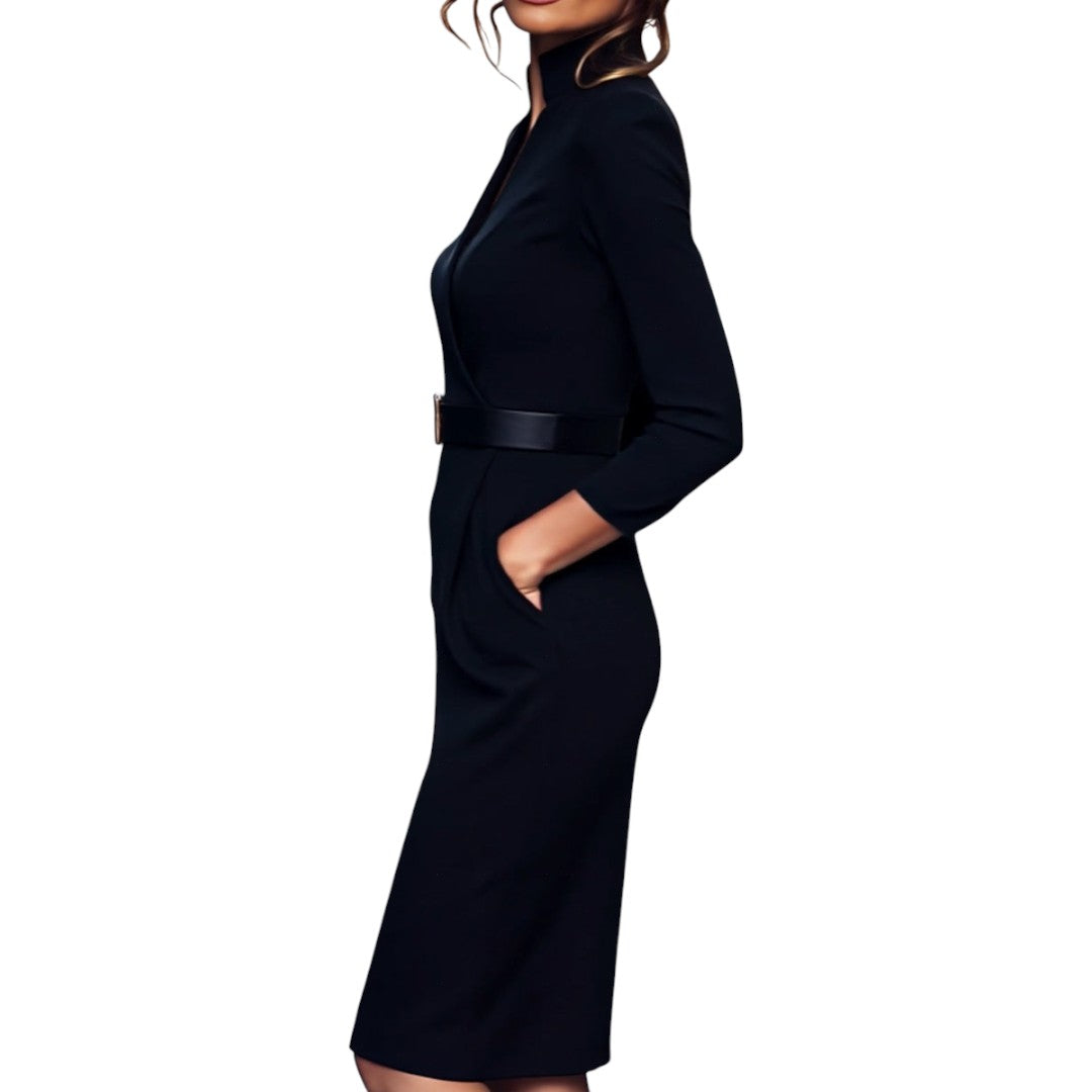 Marina | Raffiniertes schwarzes Kleid mit Gürtel und Mandarinkragen