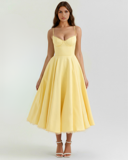 Selene™ | Buttergelbes Midikleid mit Tülllagen und geheimen Taschen
