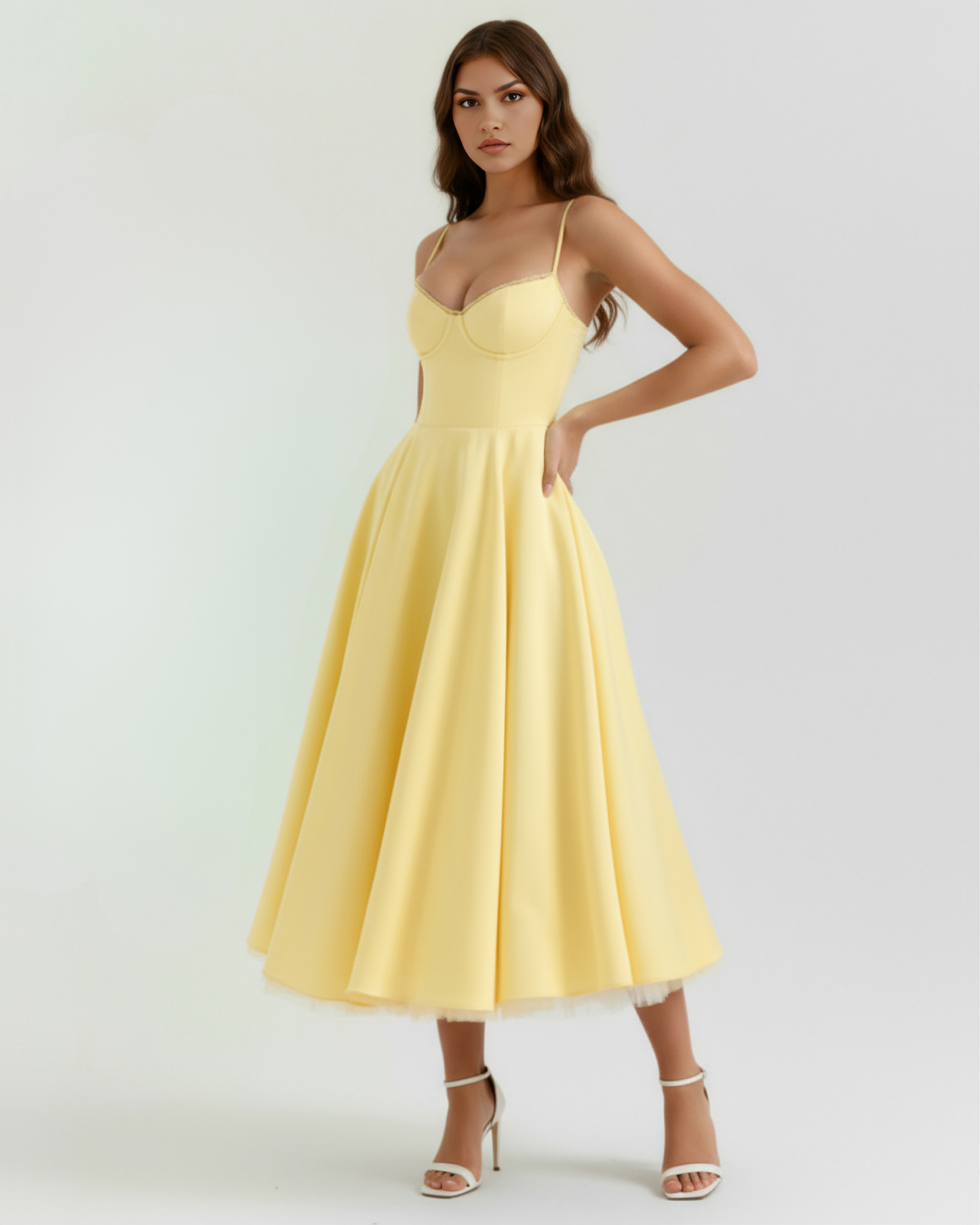 Selene™ | Buttergelbes Midikleid mit Tülllagen und geheimen Taschen