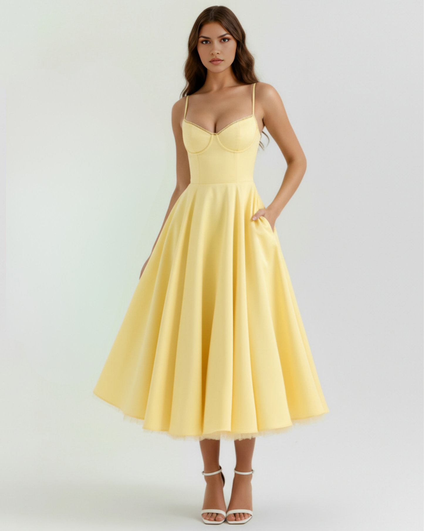 Selene™ | Buttergelbes Midikleid mit Tülllagen und geheimen Taschen