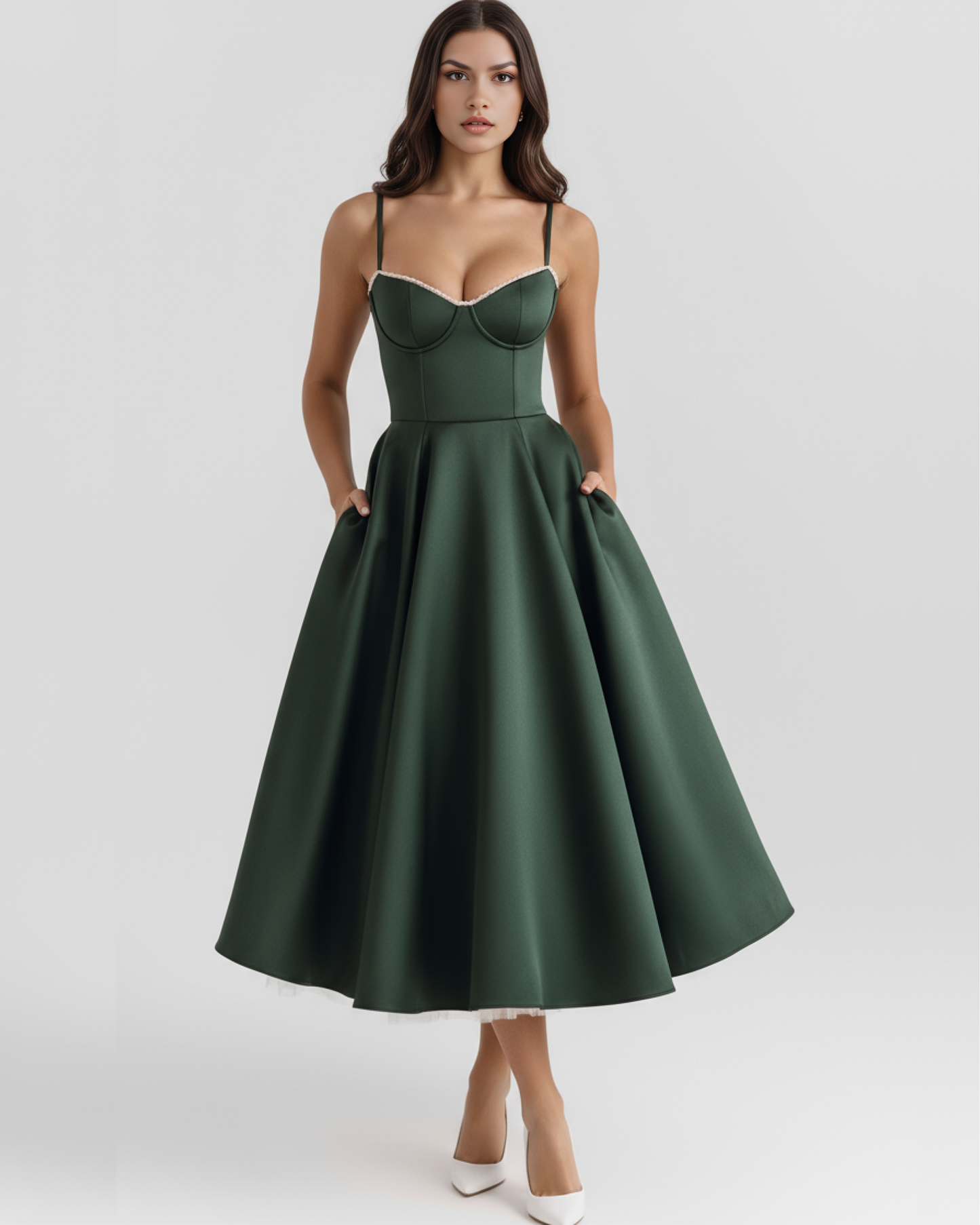 Selene | Waldgrünes Midikleid mit Tülllagen und geheimen Taschen