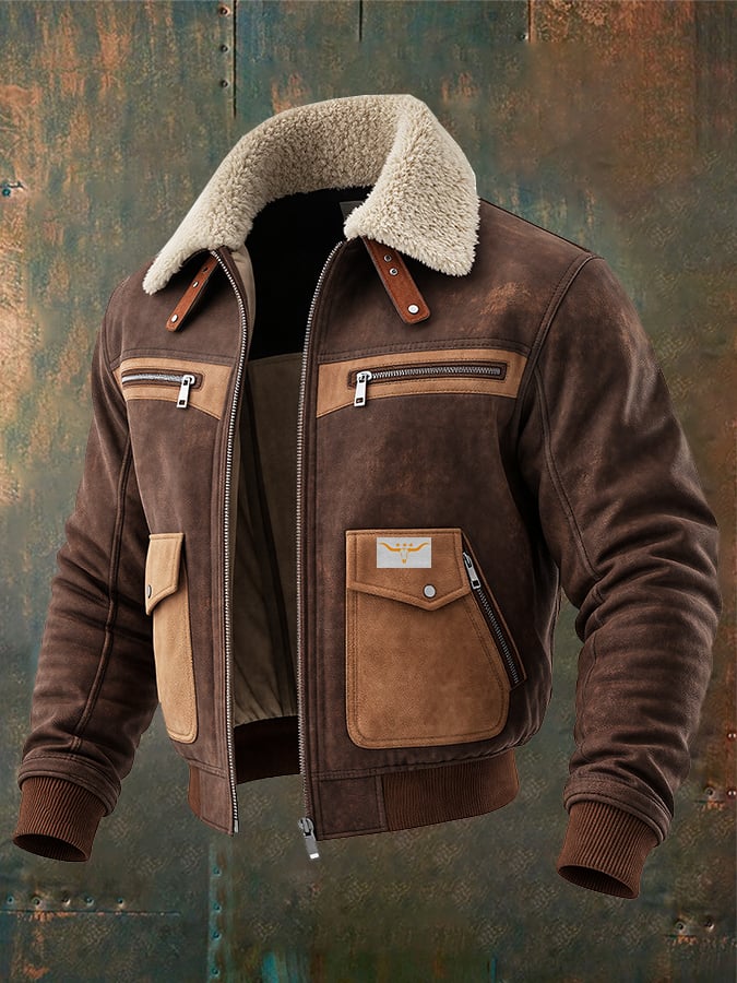 BRAUNE WILDLEDER-BOMBERJACKE MIT WARMEM SHERPA-KRAGEN