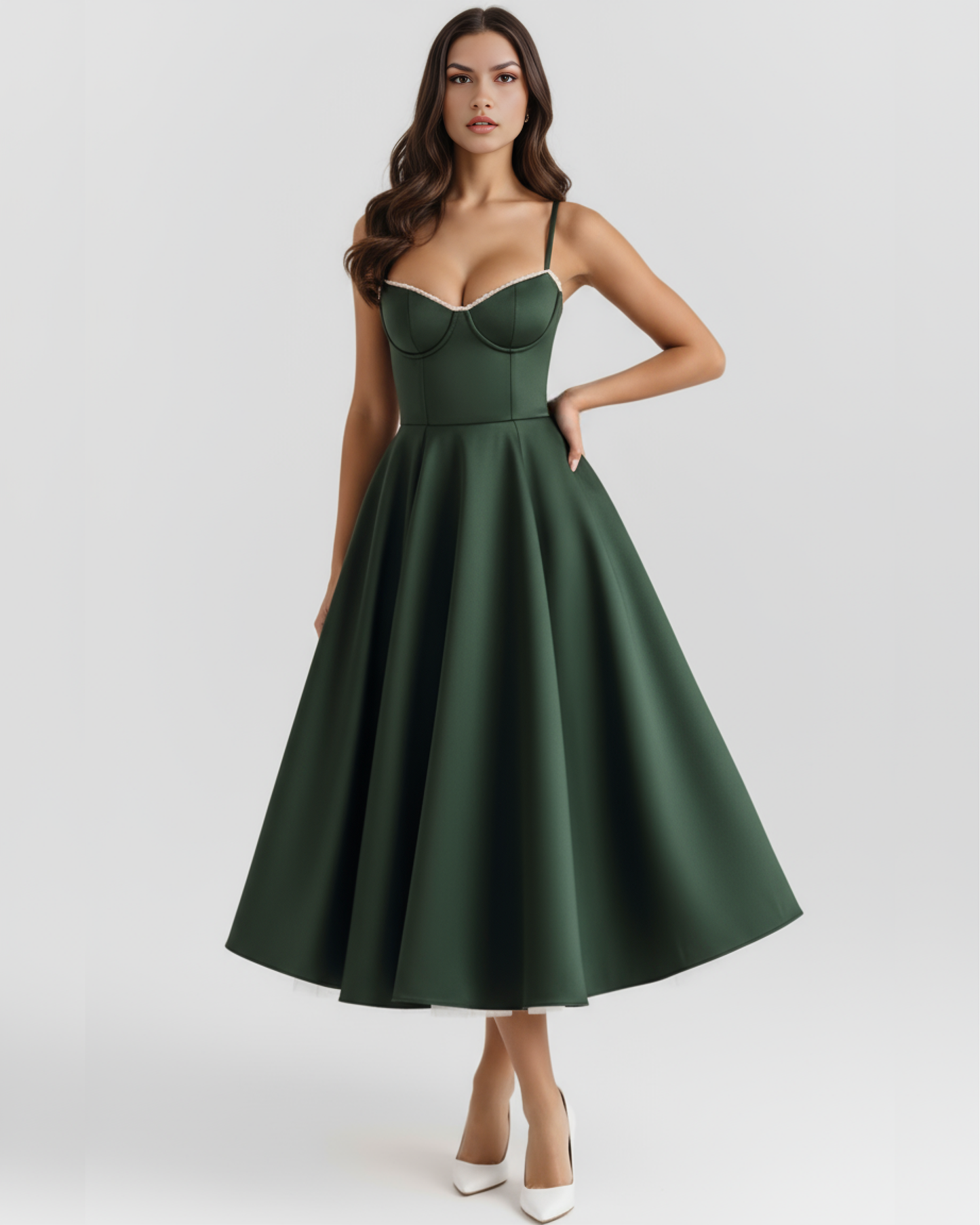 Selene | Waldgrünes Midikleid mit Tülllagen und geheimen Taschen