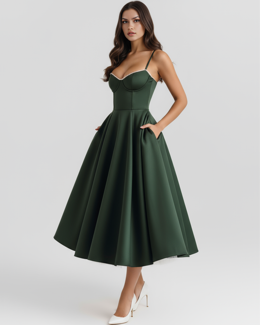 Selene | Waldgrünes Midikleid mit Tülllagen und geheimen Taschen
