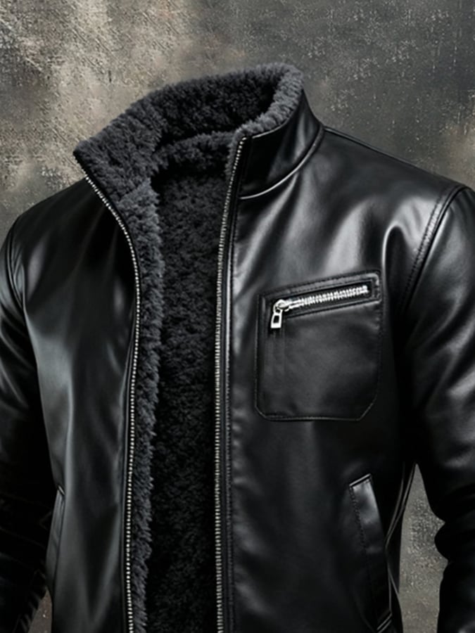 WARME SCHWARZE KUNSTLEDERJACKE MIT SHERPA-FUTTER