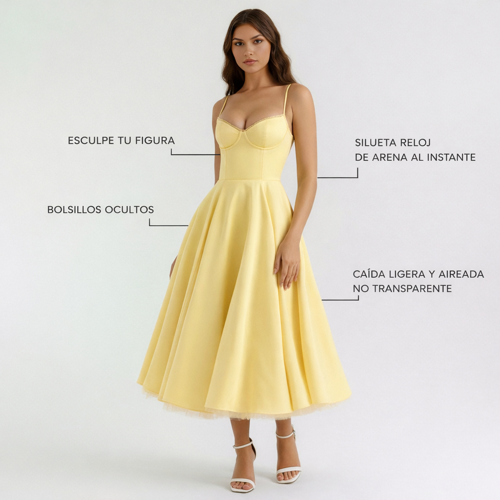 Selene™ | Buttergelbes Midikleid mit Tülllagen und geheimen Taschen