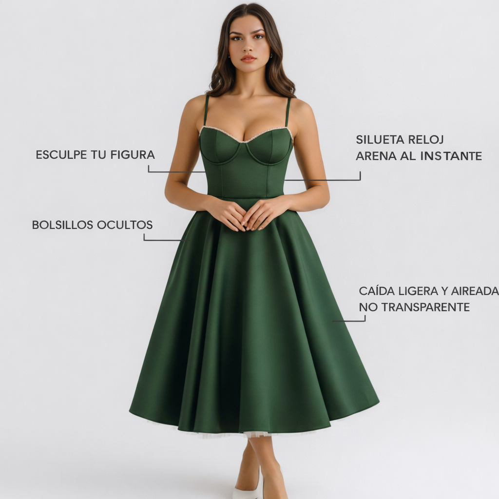 Selene | Waldgrünes Midikleid mit Tülllagen und geheimen Taschen