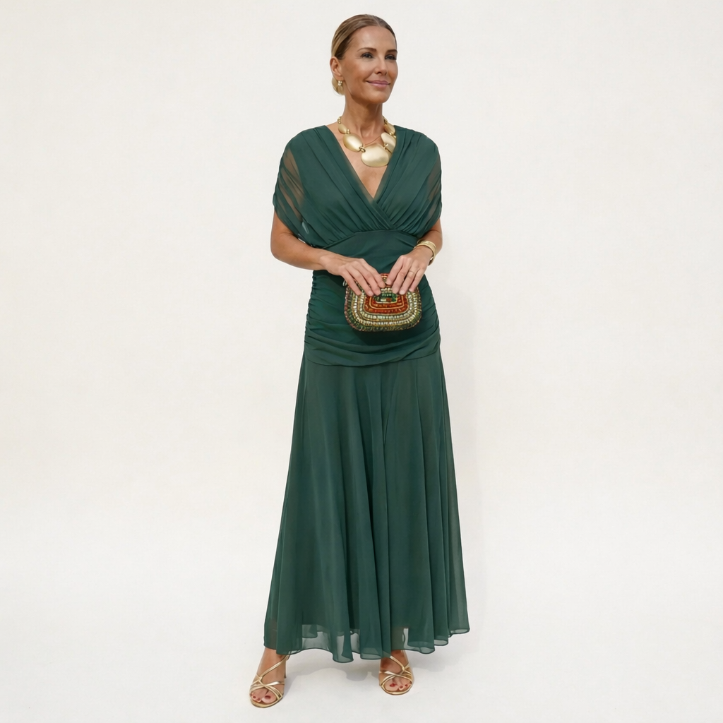 Velora™ | Langes geblümtes V-Ausschnitt-Kleid