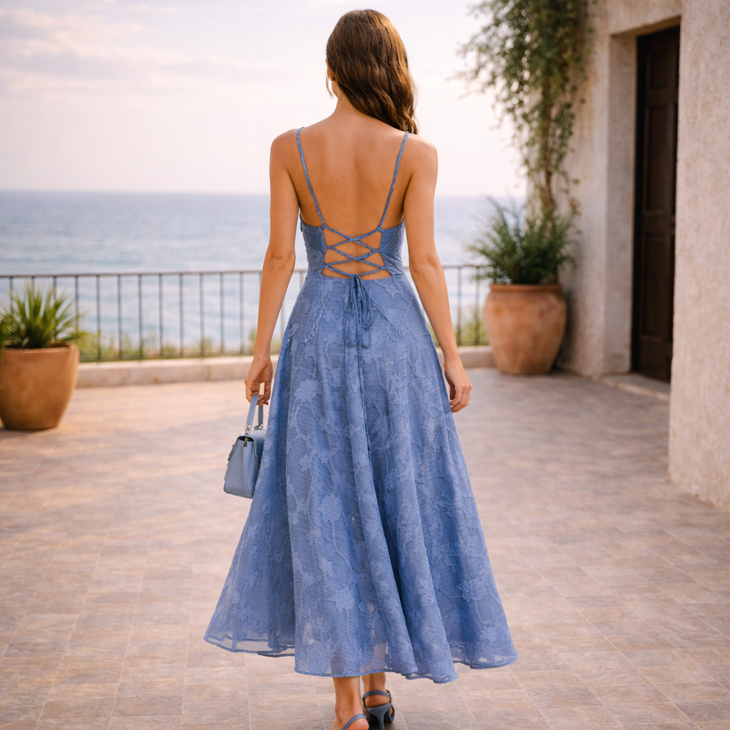 KLEID FLORENCIA™ | Florale Zartheit in Puderblau