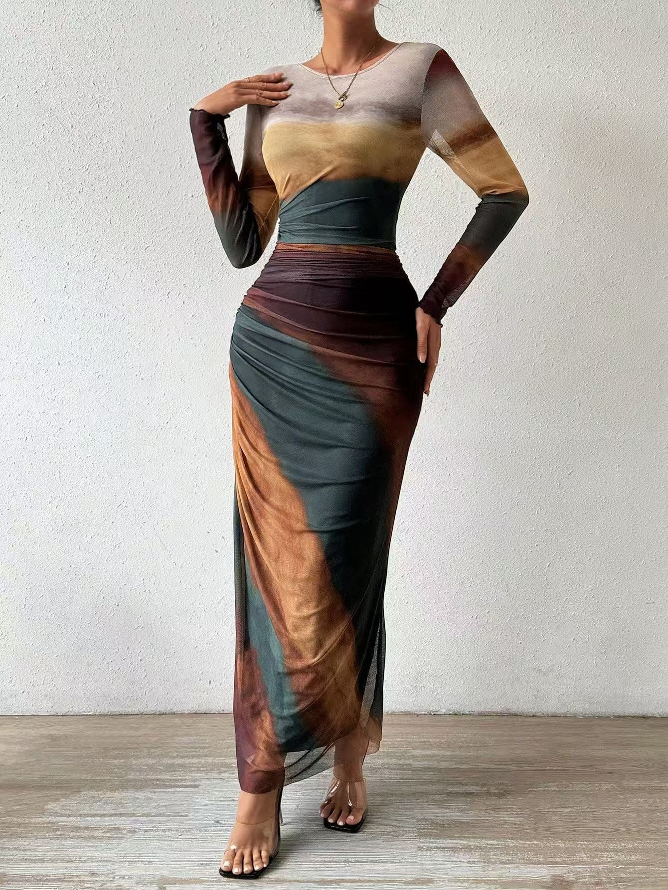 Natalia | Bedrucktes, bequemes, langärmliges Maxikleid im Bodycon-Stil