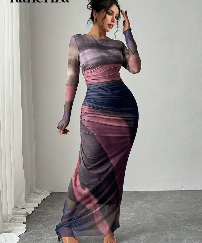 Natalia | Bedrucktes, bequemes, langärmliges Maxikleid im Bodycon-Stil
