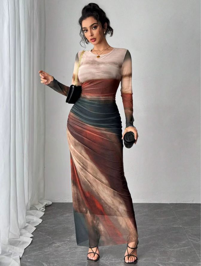 Natalia | Bedrucktes, bequemes, langärmliges Maxikleid im Bodycon-Stil