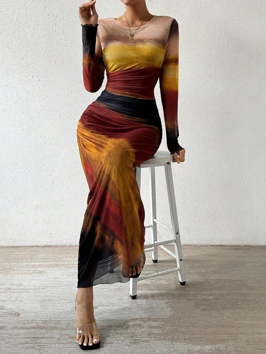 Natalia | Bedrucktes, bequemes, langärmliges Maxikleid im Bodycon-Stil