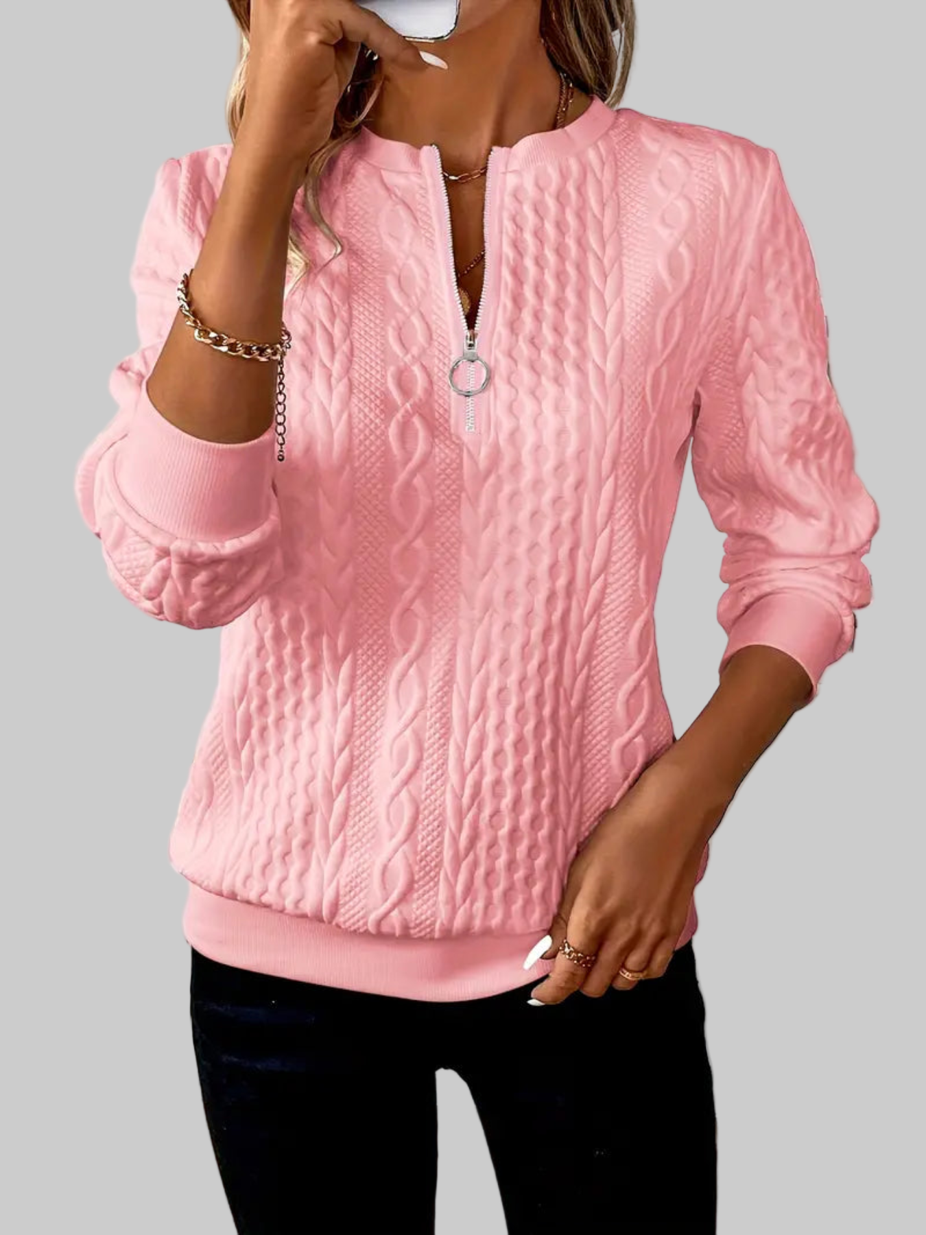 Amalie – Damen Strickpullover mit Zopfmuster und Reißverschluss