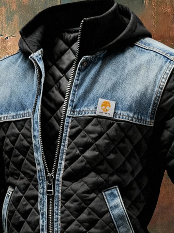 SCHWARZE JACKE MIT FUTTER UND DENIM-DETAILS