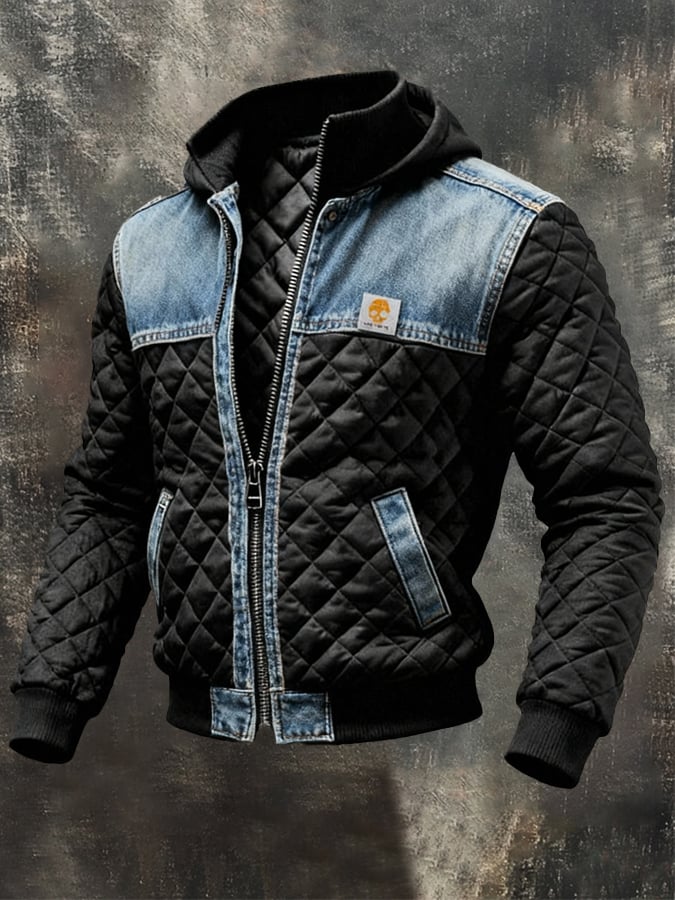 SCHWARZE JACKE MIT FUTTER UND DENIM-DETAILS