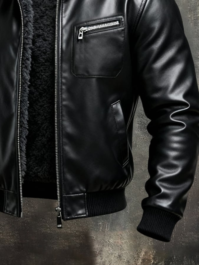 WARME SCHWARZE KUNSTLEDERJACKE MIT SHERPA-FUTTER