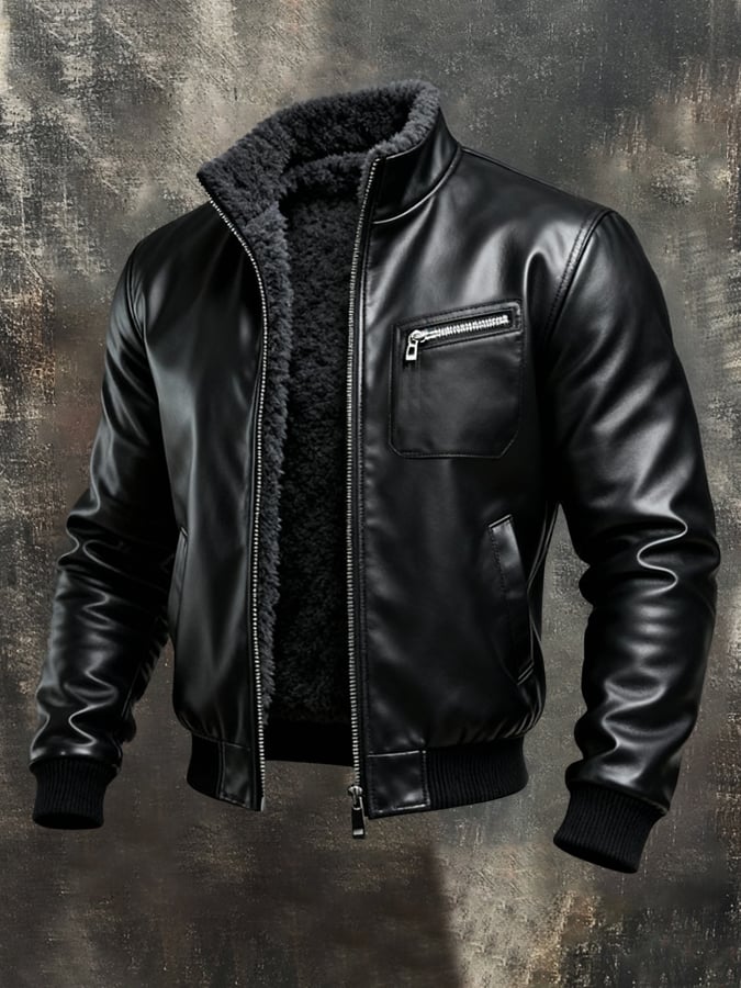 WARME SCHWARZE KUNSTLEDERJACKE MIT SHERPA-FUTTER