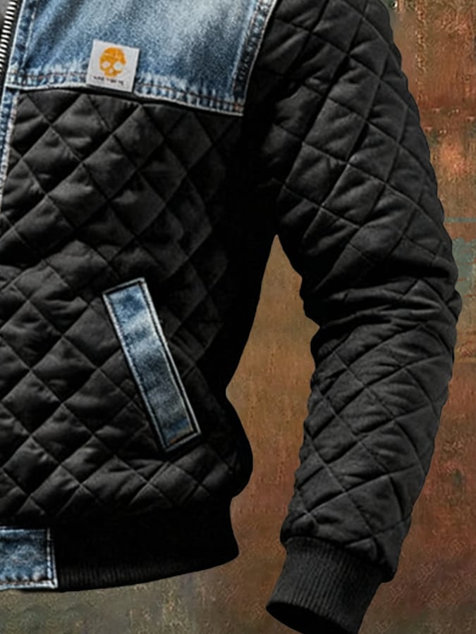 SCHWARZE JACKE MIT FUTTER UND DENIM-DETAILS