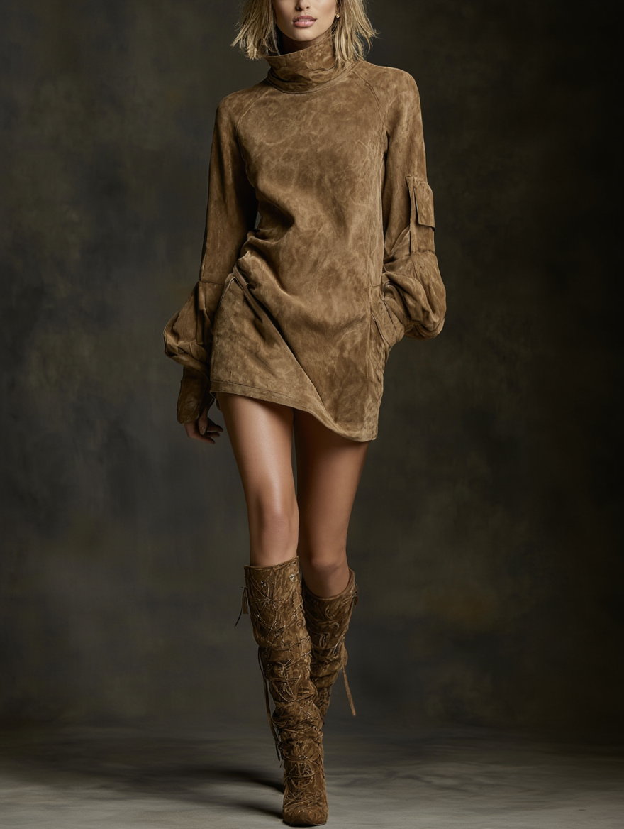 Livia ❘ Oversized Mini-Kleid aus Wildleder mit Rollkragen