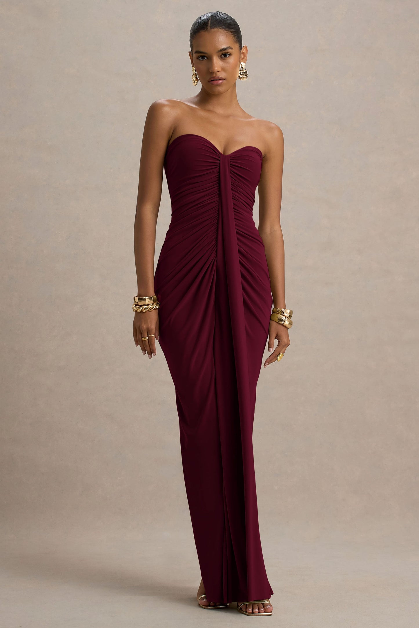 Graciela™ | Langes burgunderrotes Kleid mit herzförmigem Ausschnitt, Drapierung und Schleife