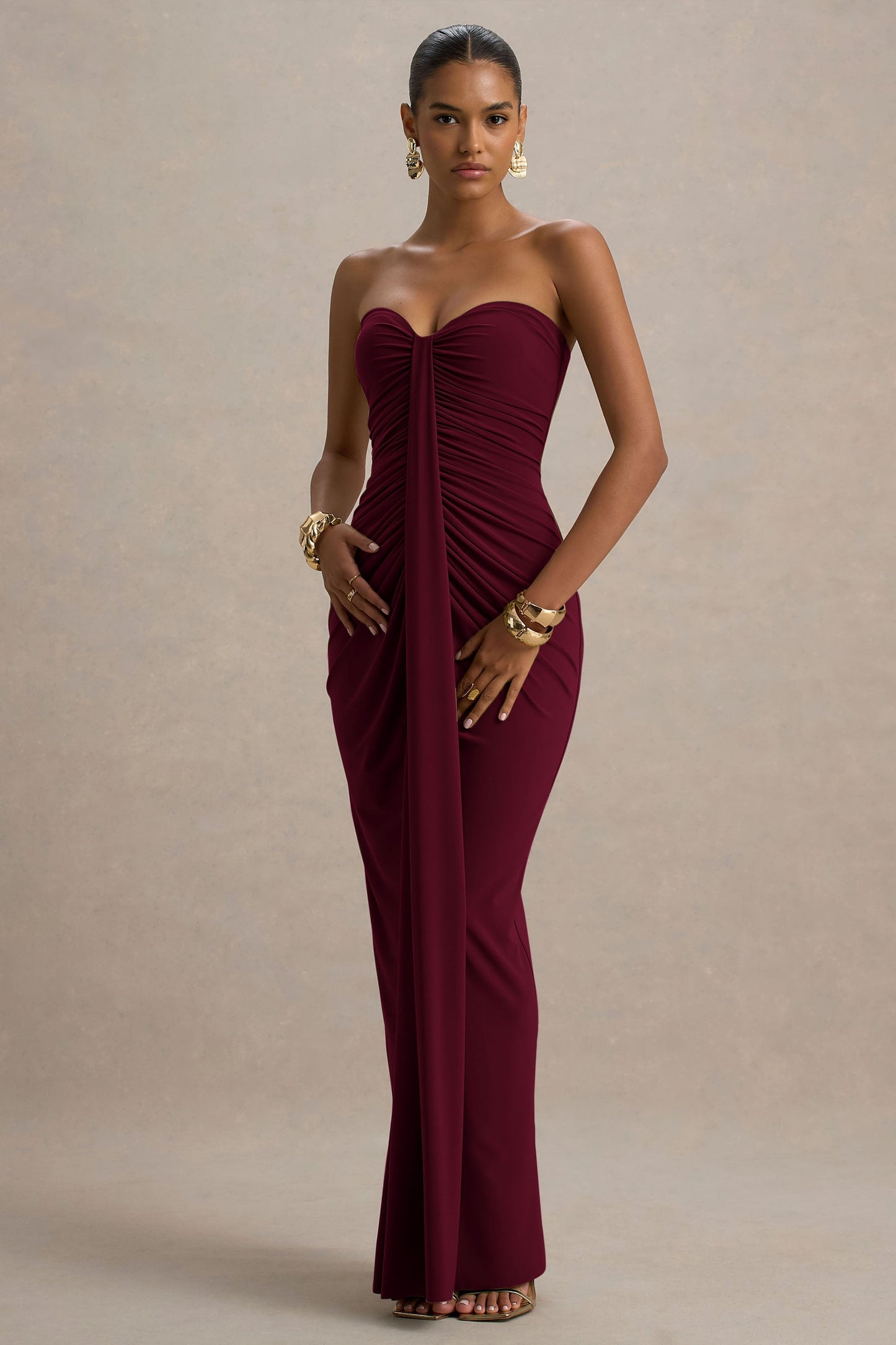Graciela™ | Langes burgunderrotes Kleid mit herzförmigem Ausschnitt, Drapierung und Schleife