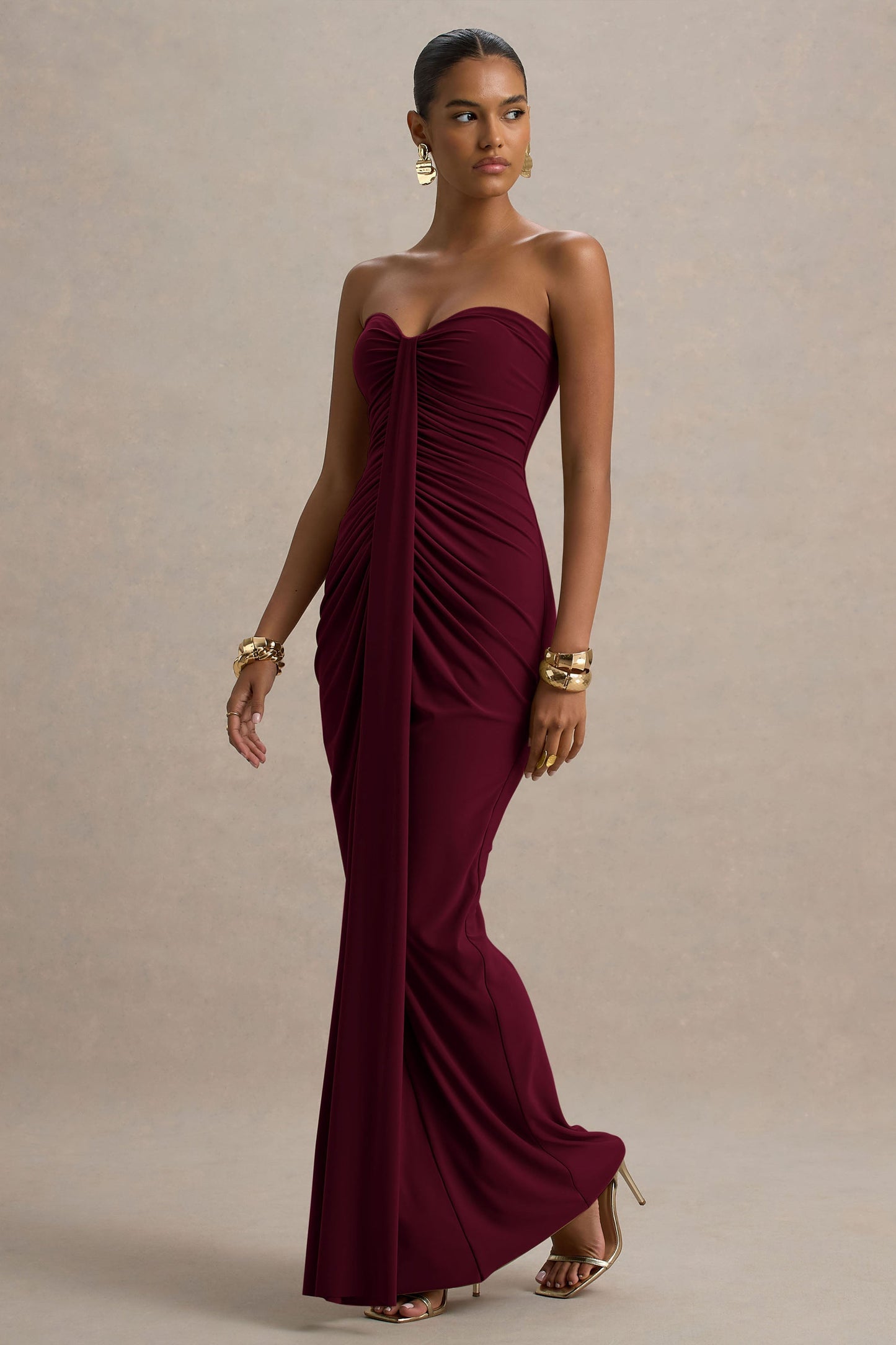 Graciela™ | Langes burgunderrotes Kleid mit herzförmigem Ausschnitt, Drapierung und Schleife